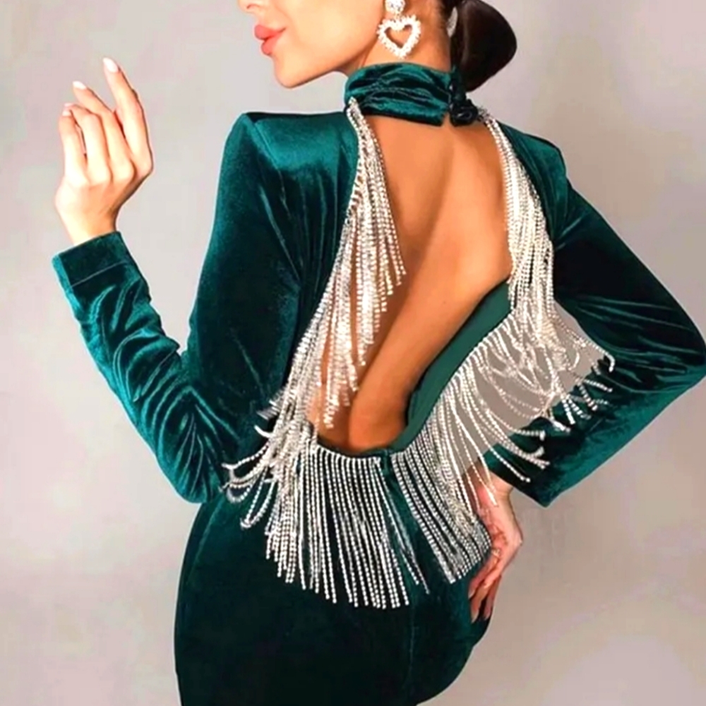 Green  body corn long sleeve  Velvet dress stretchy dress
